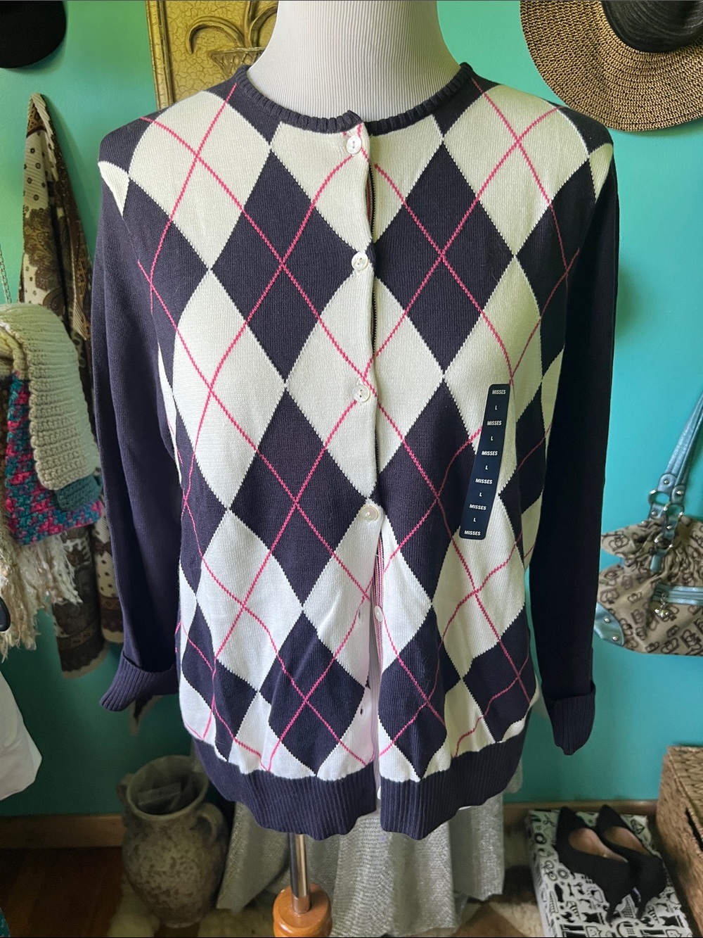 Lands' End Navy, White & Pink Argyle Cardigan